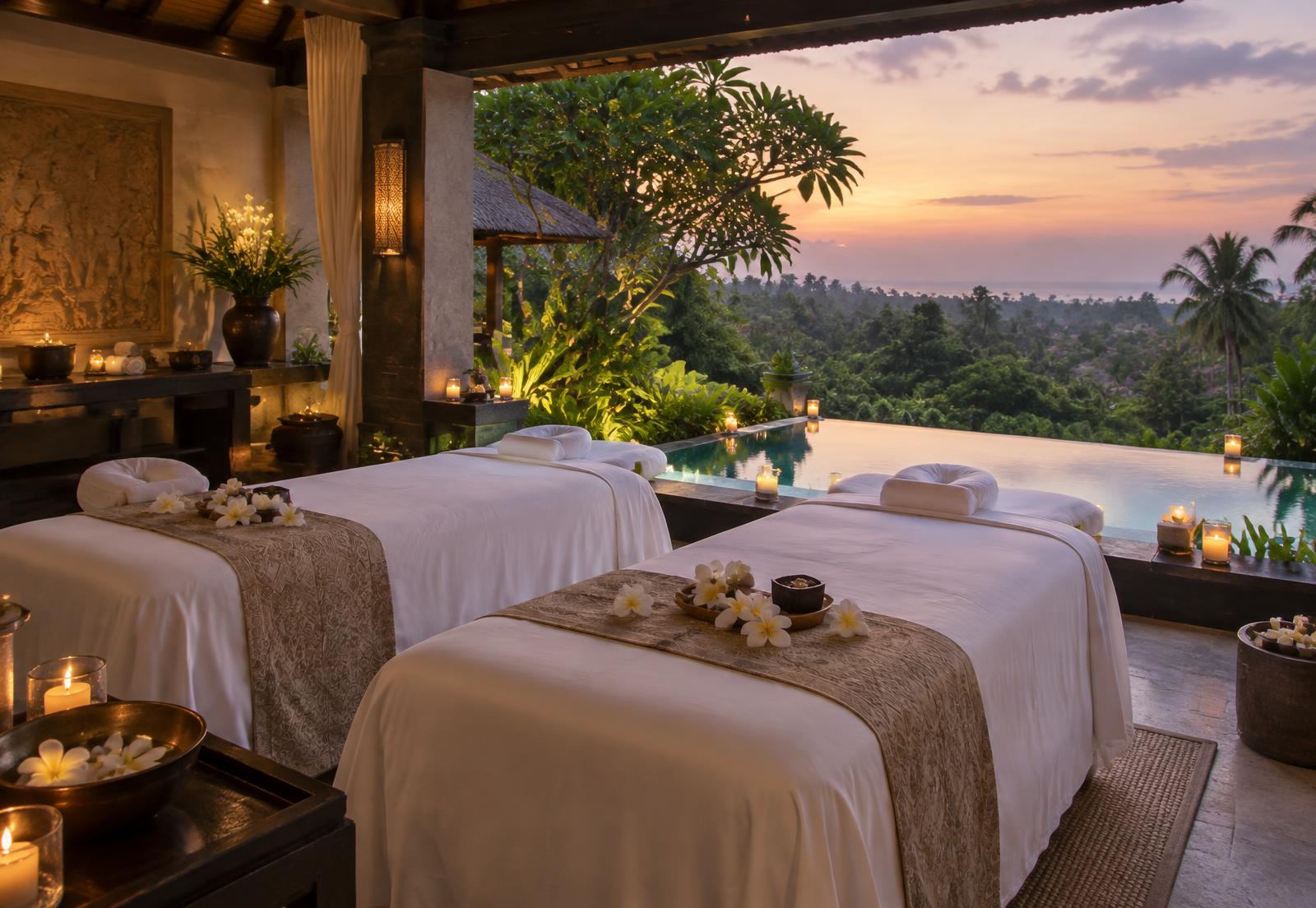 Two massage tables on a private Bali villa terrace at sunset