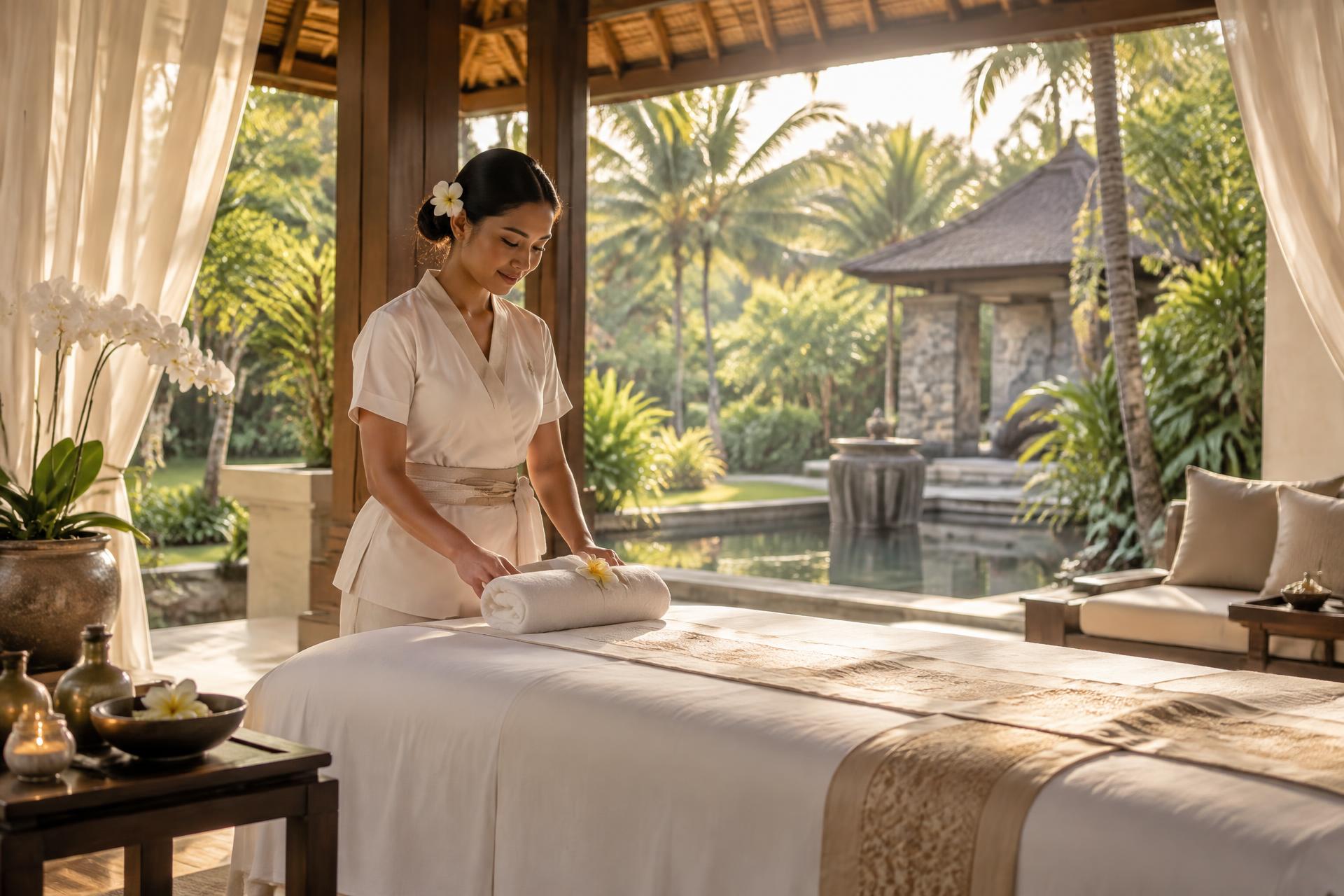 Spa therapist preparing a massage table inside a luxury Bali villa pavilion