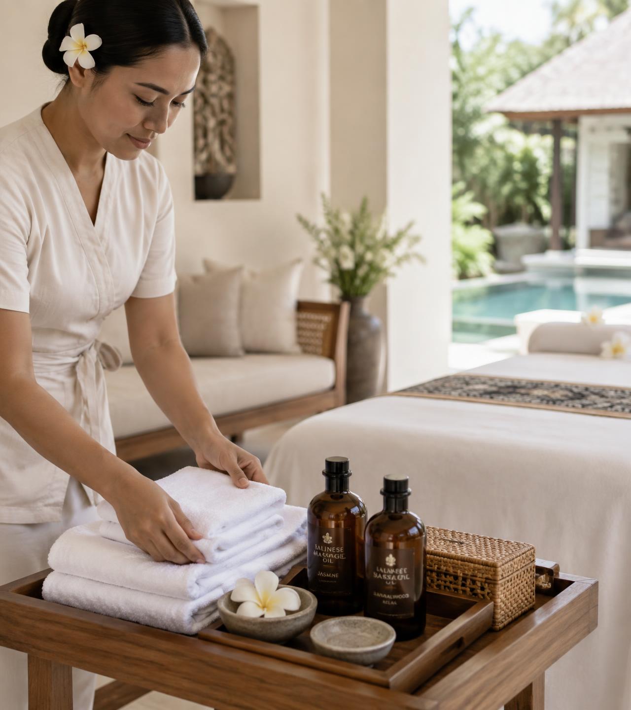 Therapist arranging fresh linens and massage oils in a luxury Bali villa